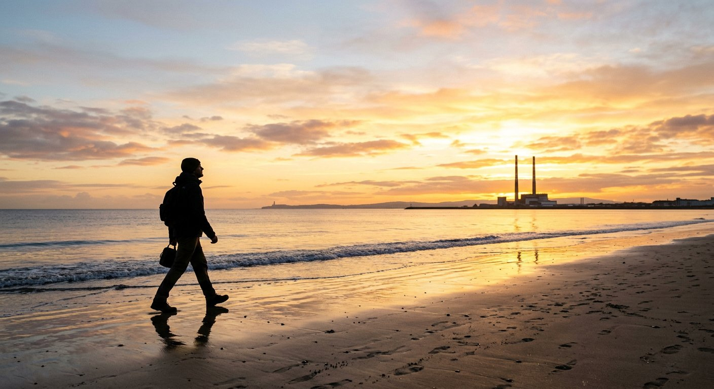 Walking along Dublin beach at dawn