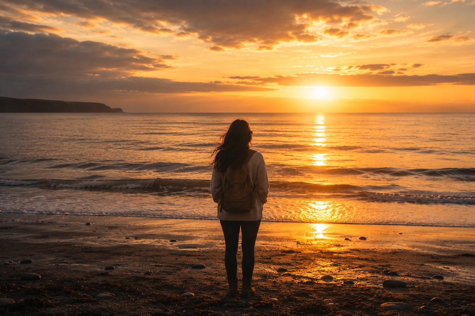 A woman standing at the ocean shore at golden sunrise – hope and new beginnings
